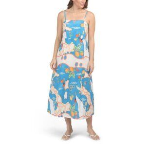 Italy-Spighe di Lino Women's XL Tropical Spaghetti Strap Long Dress Multicolor